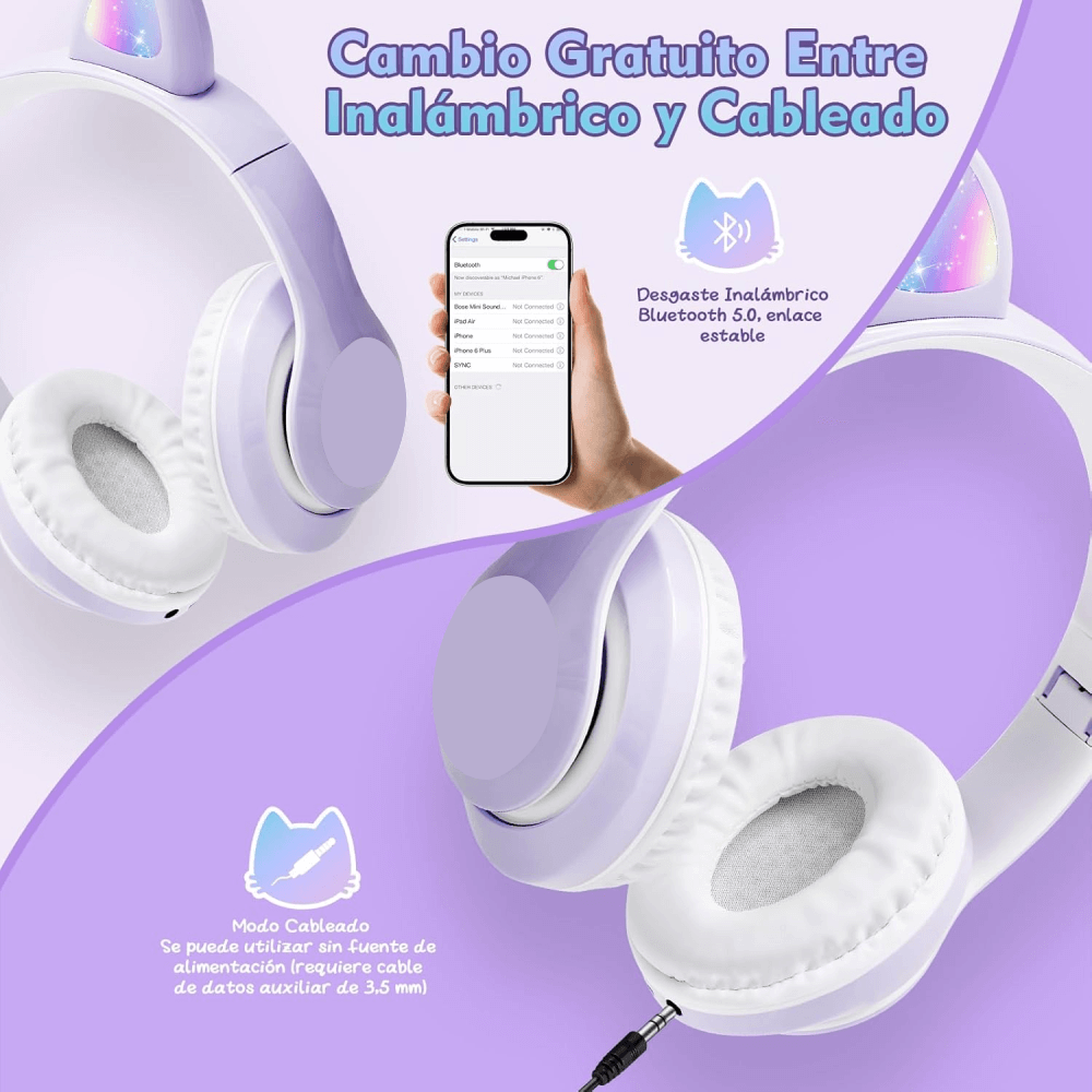 Diadema Audifonos Niña Bluetooth Orejas De Gato Luz Rgb Mz03