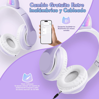 Diadema Audifonos Niña Bluetooth Orejas De Gato Luz Rgb Mz03