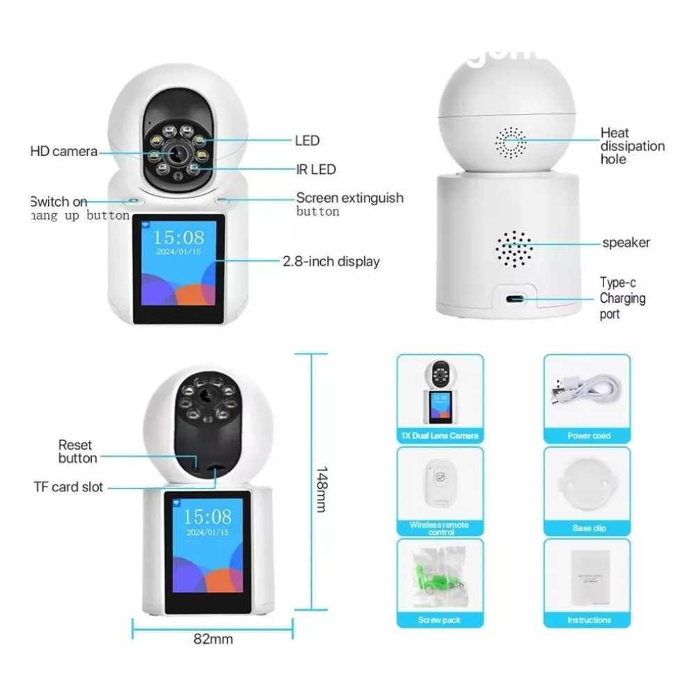 Cámara De Seguridad Interior Pantalla Hd 2.8inch 360° Wifi