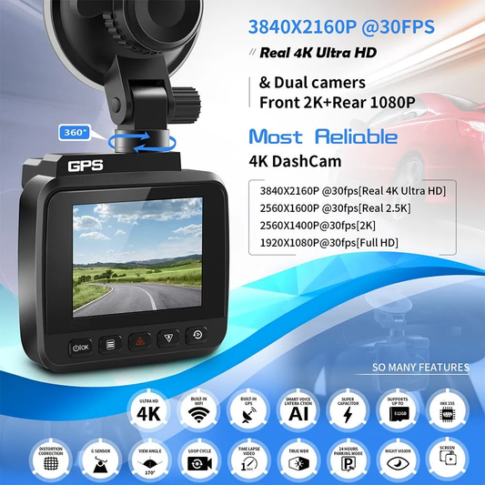 Cámara Carro Dash Cam 2k Gps Visión Nocturna + Cam Reversa