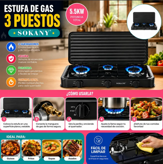 Estufa De Gas Sokany 3 Puestos 5.5kw Acero Inoxidable Sk6003