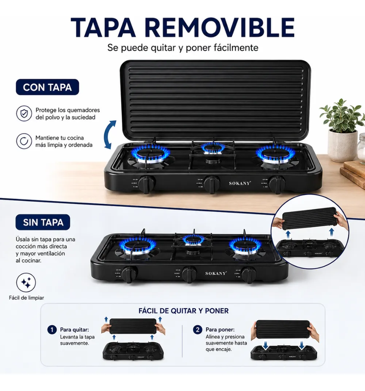 Estufa De Gas Sokany 3 Puestos 5.5kw Acero Inoxidable Sk6003