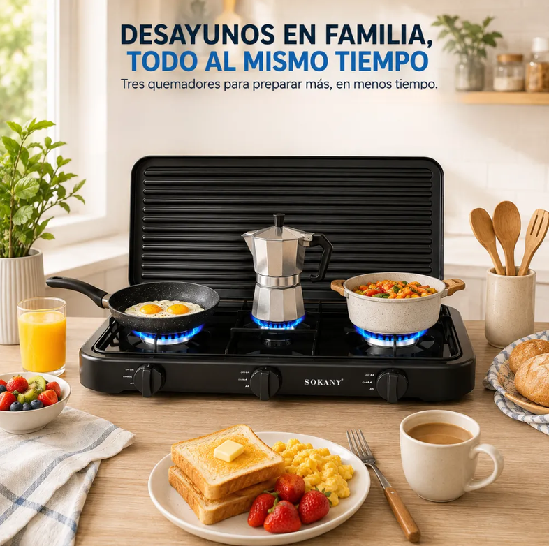 Estufa De Gas Sokany 3 Puestos 5.5kw Acero Inoxidable Sk6003