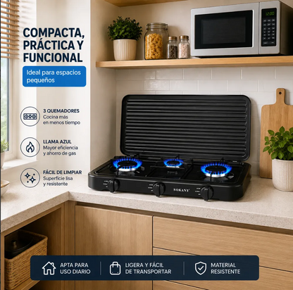 Estufa De Gas Sokany 3 Puestos 5.5kw Acero Inoxidable Sk6003