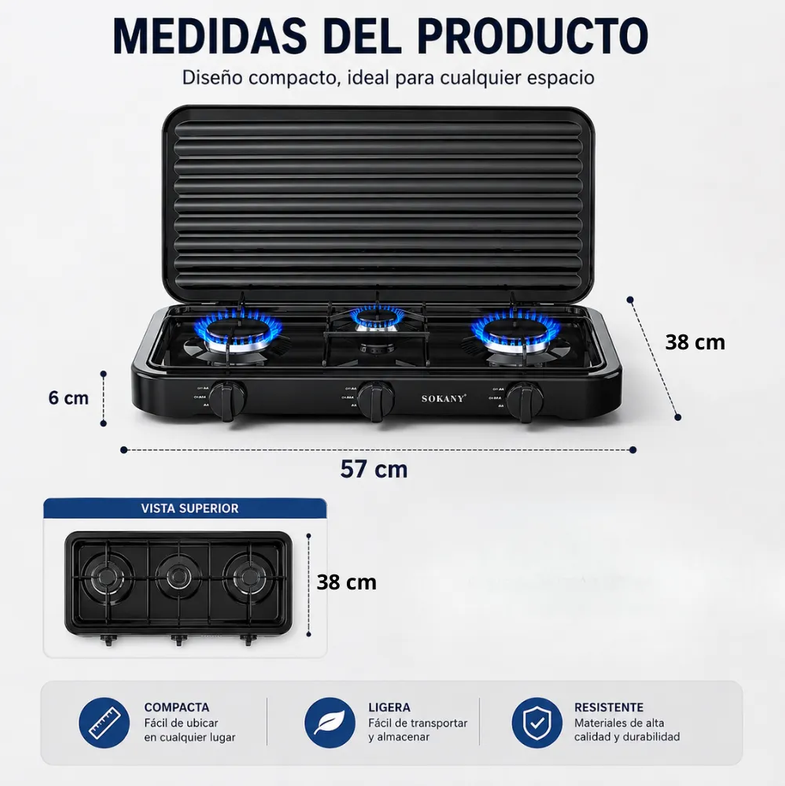 Estufa De Gas Sokany 3 Puestos 5.5kw Acero Inoxidable Sk6003