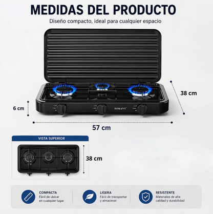 Estufa De Gas Sokany 3 Puestos 5.5kw Acero Inoxidable Sk6003