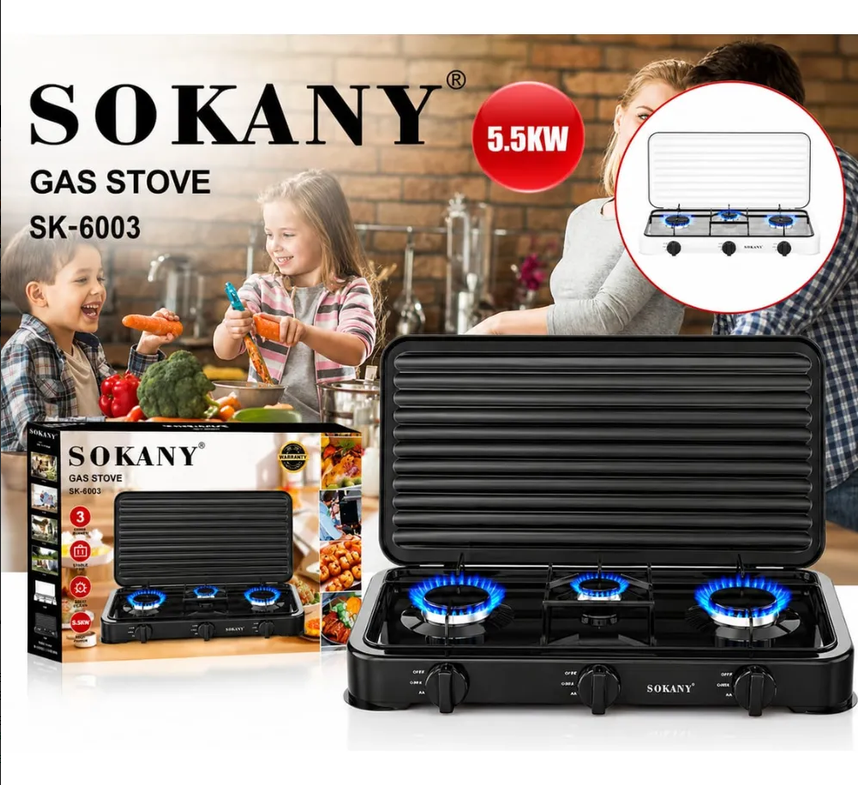 Estufa De Gas Sokany 3 Puestos 5.5kw Acero Inoxidable Sk6003