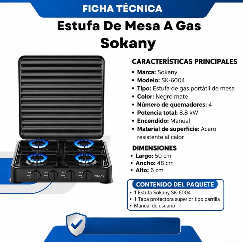 Estufa De Gas Sokany 4puestos 8.8kw Acero Inoxidable Sk-6004