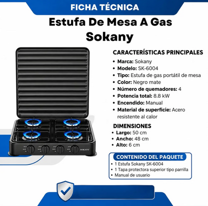 Estufa De Gas Sokany 4puestos 8.8kw Acero Inoxidable Sk-6004
