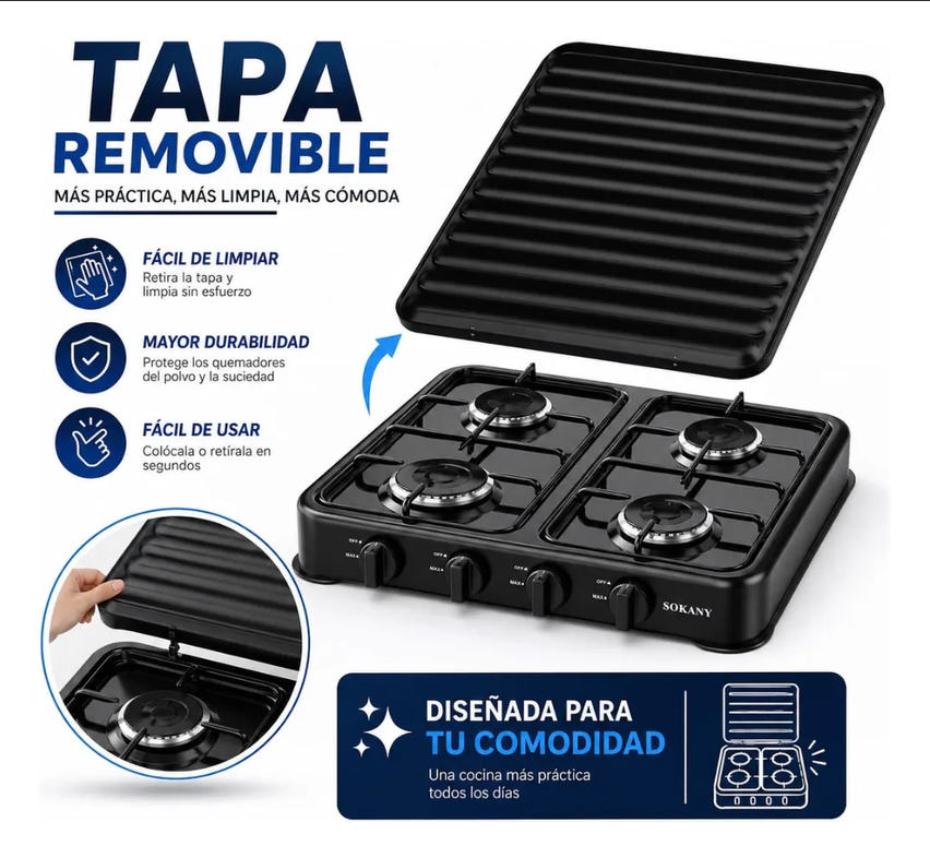 Estufa De Gas Sokany 4puestos 8.8kw Acero Inoxidable Sk-6004