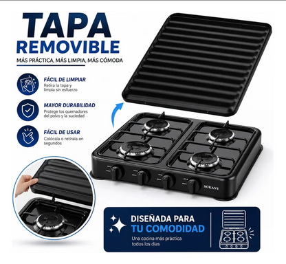 Estufa De Gas Sokany 4puestos 8.8kw Acero Inoxidable Sk-6004