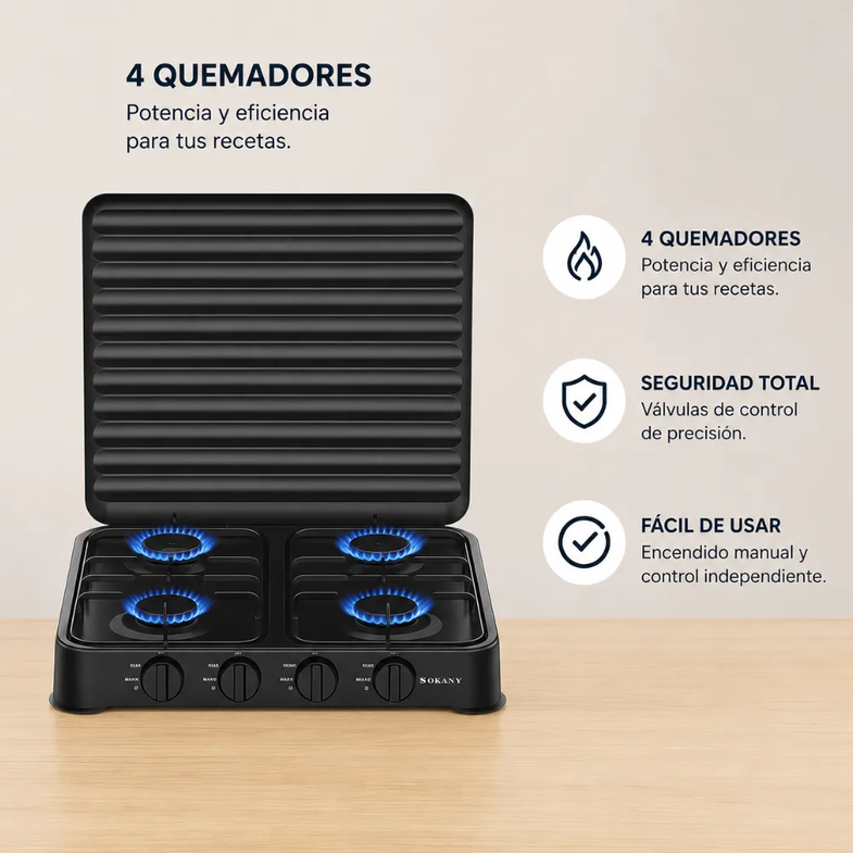 Estufa De Gas Sokany 4puestos 8.8kw Acero Inoxidable Sk-6004