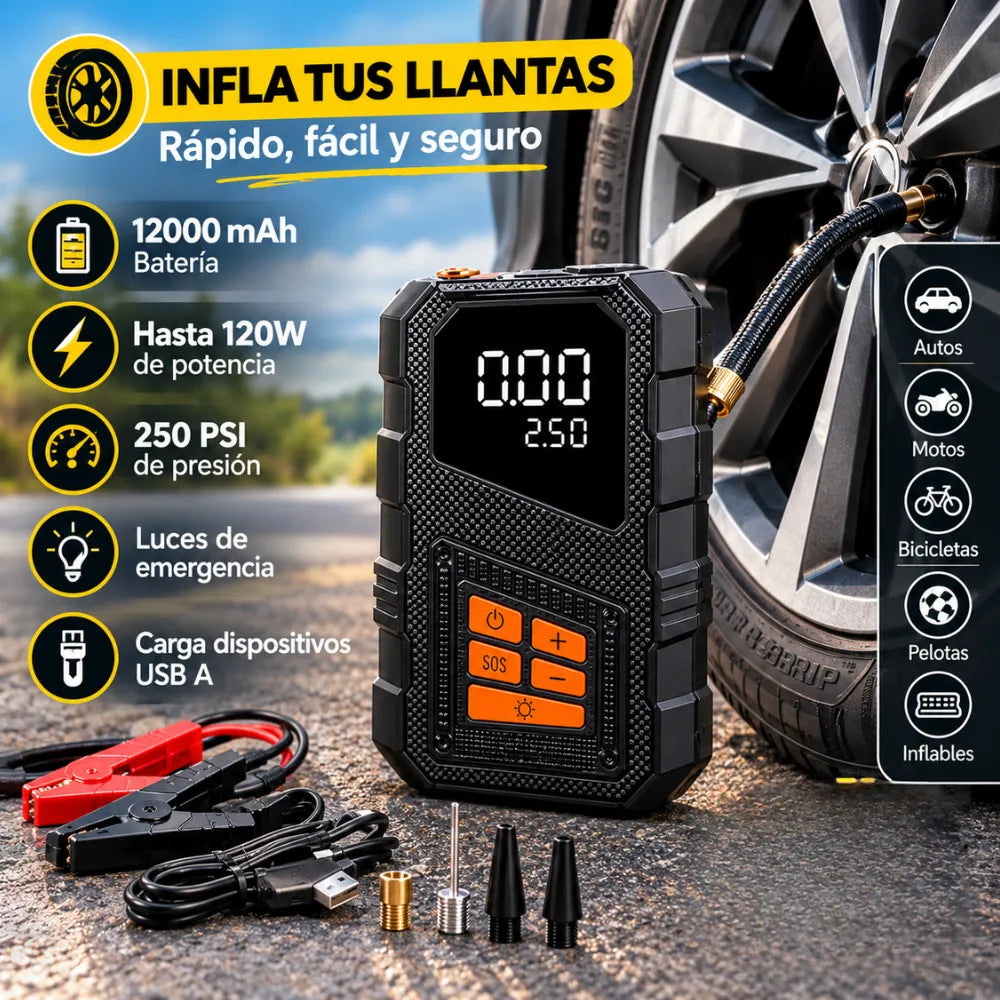 Arrancador De Batería Iniciador 12v Compresor Portátil 5en1