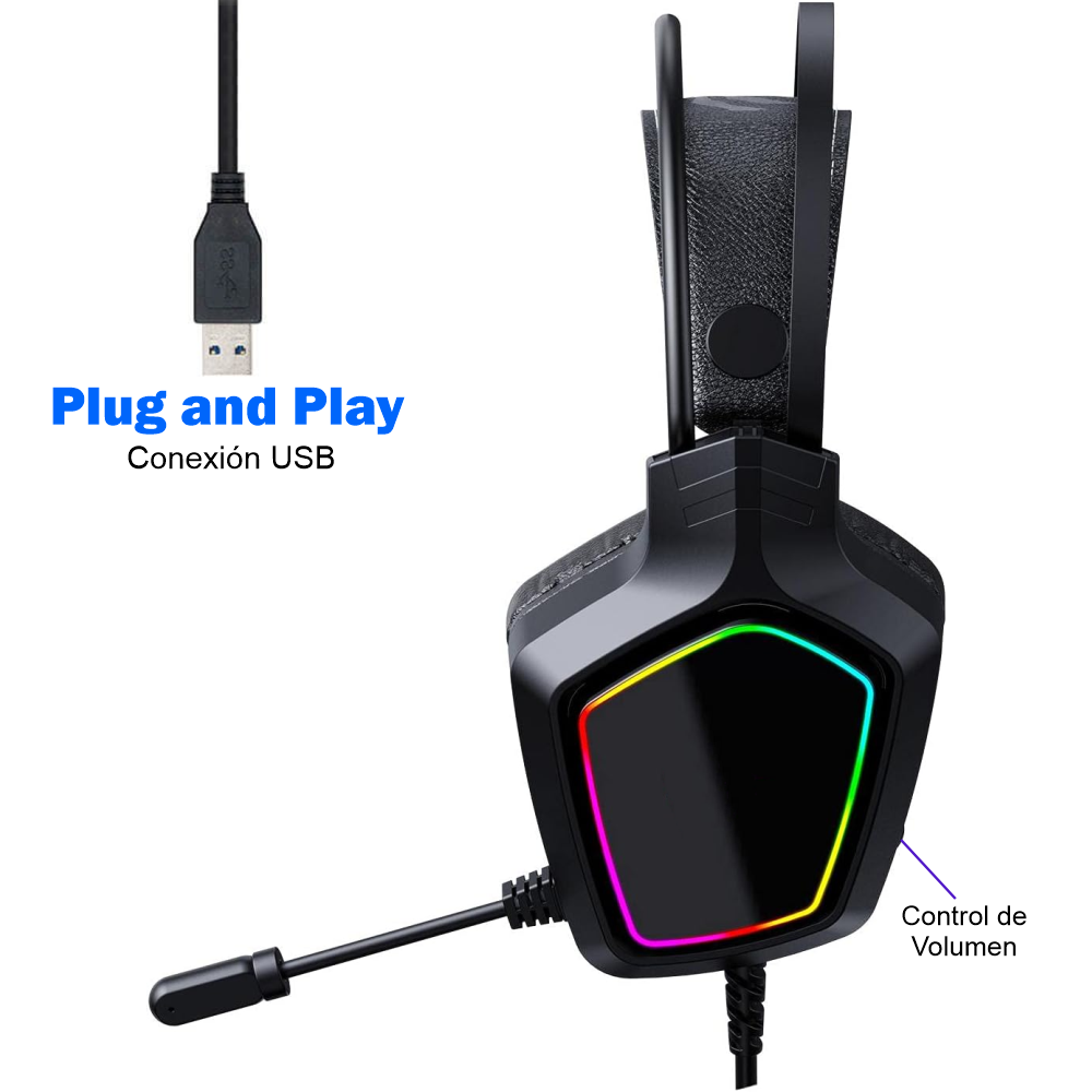 Diadema Gamer RGB Auriculares Con Microfono USB 50mm PC MAC