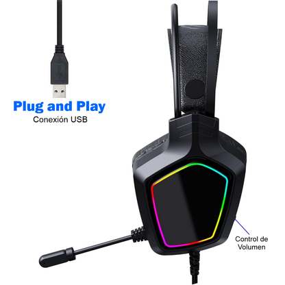Diadema Gamer RGB Auriculares Con Microfono USB 50mm PC MAC