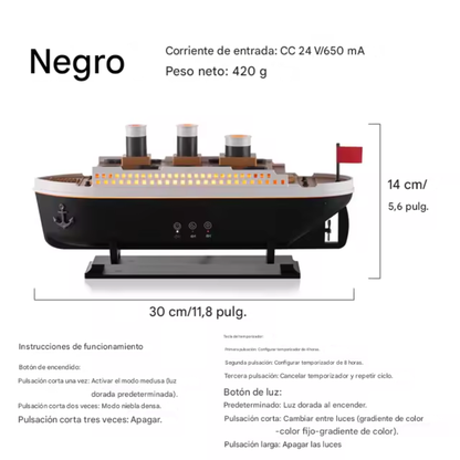 Humidificador Barco Titanic Difusor Aromas Luces Led 250ml Negro