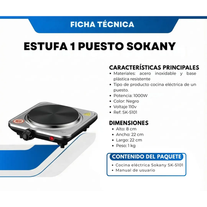 Estufa Electrica 1 Puesto 1000w Alta Potencia Sokany Sk-5101 Plateado 110v
