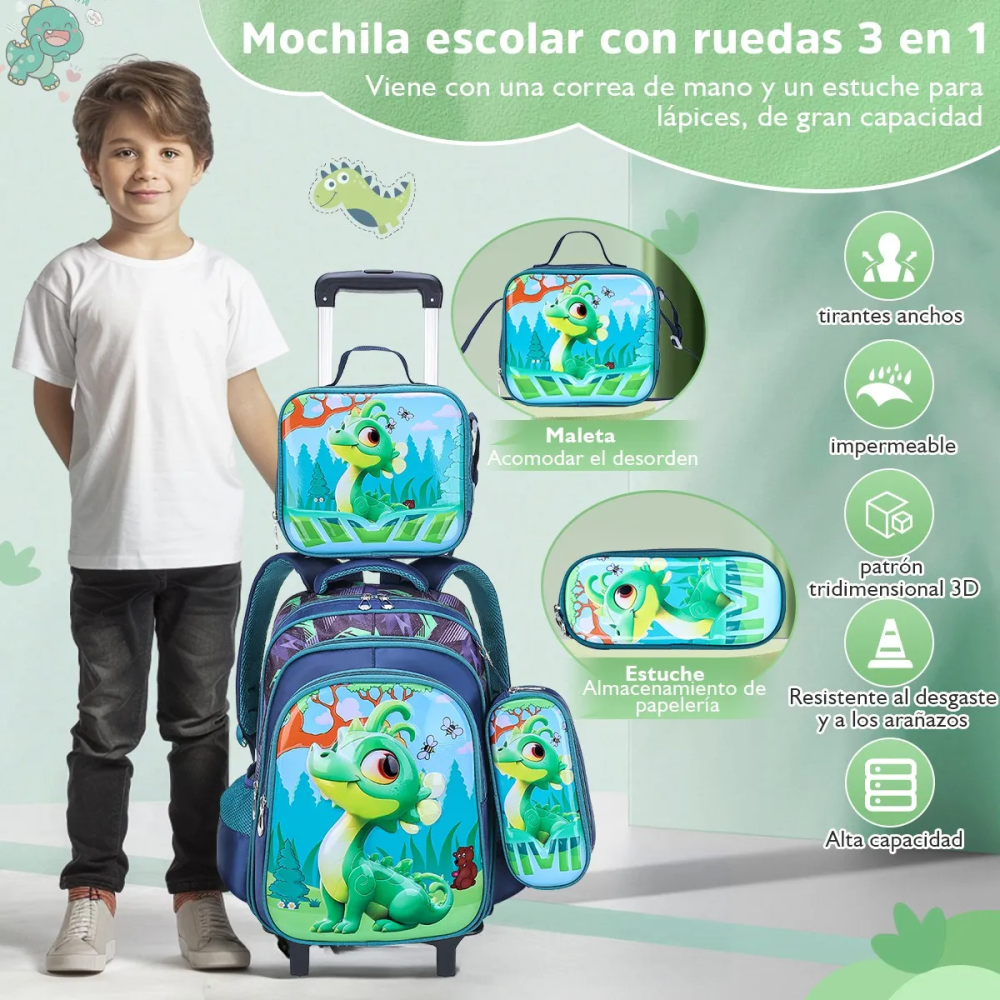 Mochila Escolar Infantil 3 En 1 Morral 3D Alto Relieve Con Ruedas