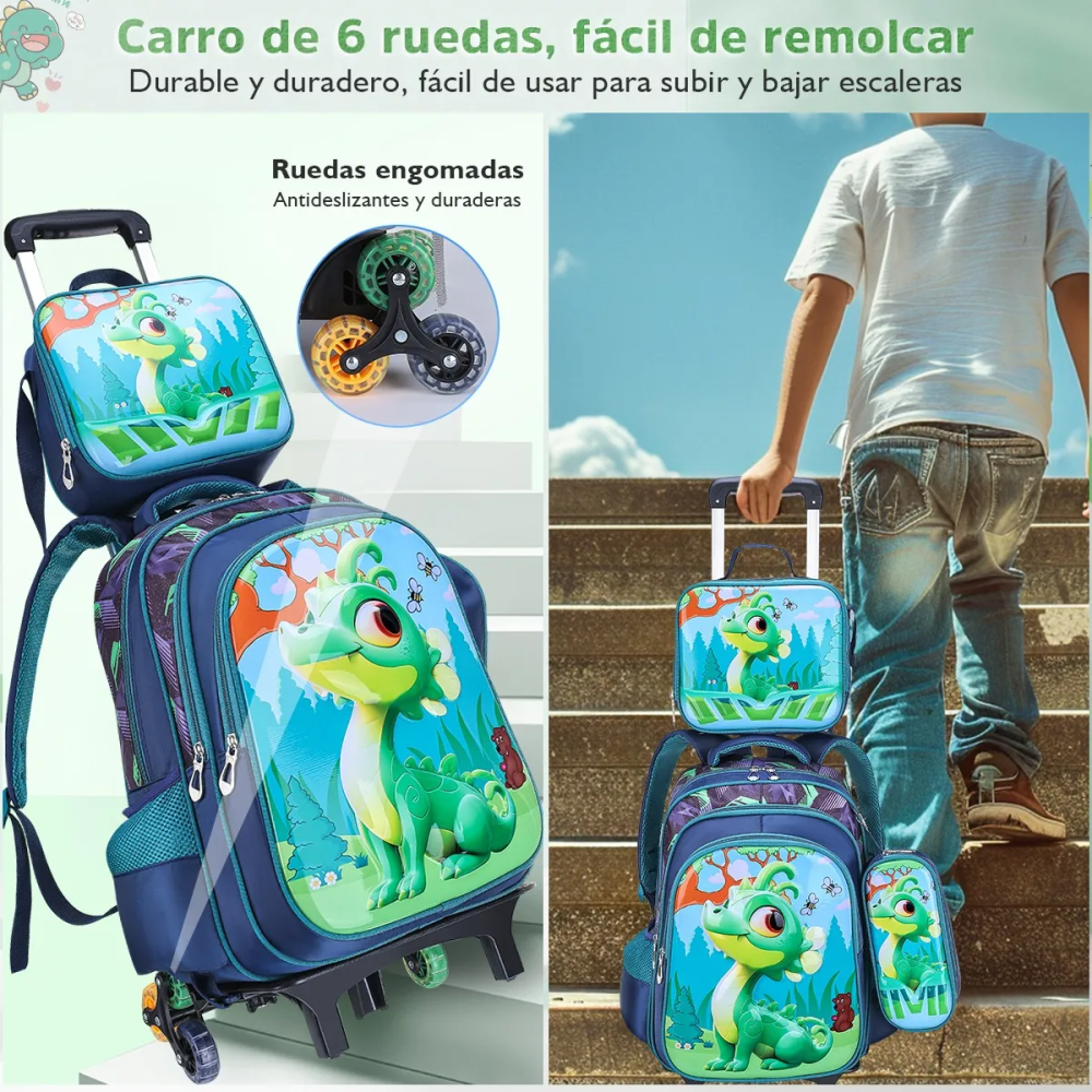 Mochila Escolar Infantil 3 En 1 Morral 3D Alto Relieve Con Ruedas
