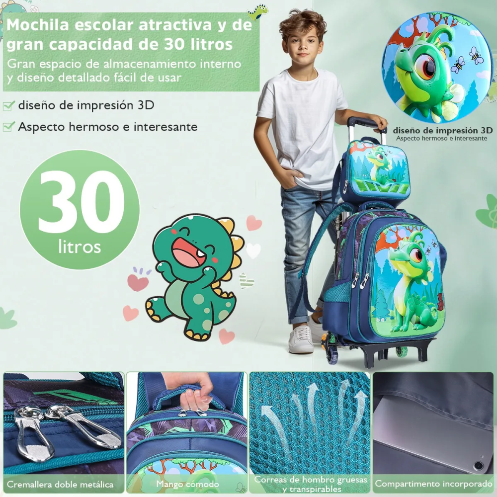 Mochila Escolar Infantil 3 En 1 Morral 3D Alto Relieve Con Ruedas