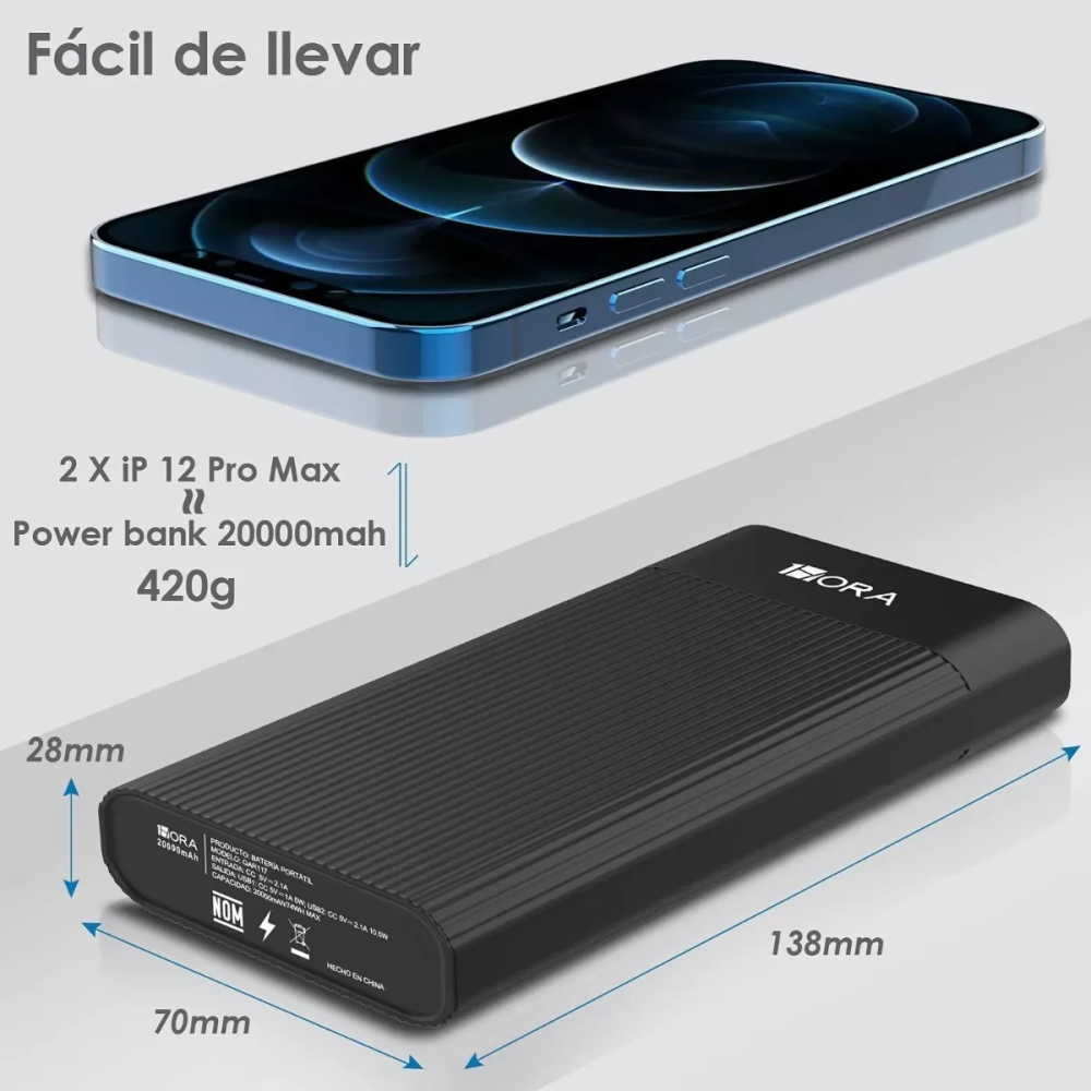1Hora Power Bank Batería Portátil 20.000mah Real USB Gar117