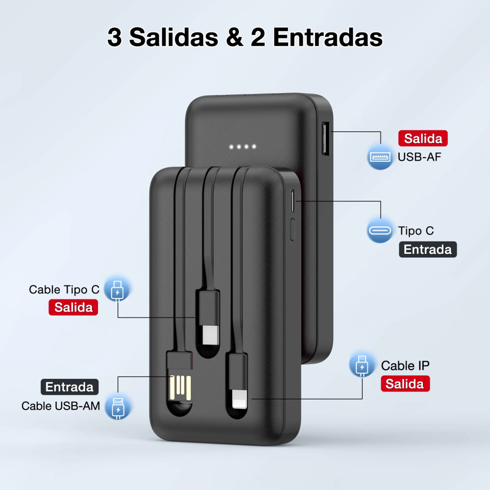 1hora Power Bank Batería Portátil 5.000mah 3 Cables Gar261