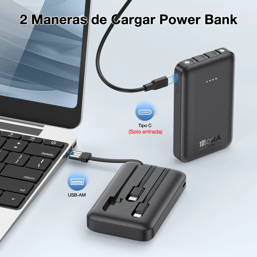 1hora Power Bank Batería Portátil 5.000mah 3 Cables Gar261