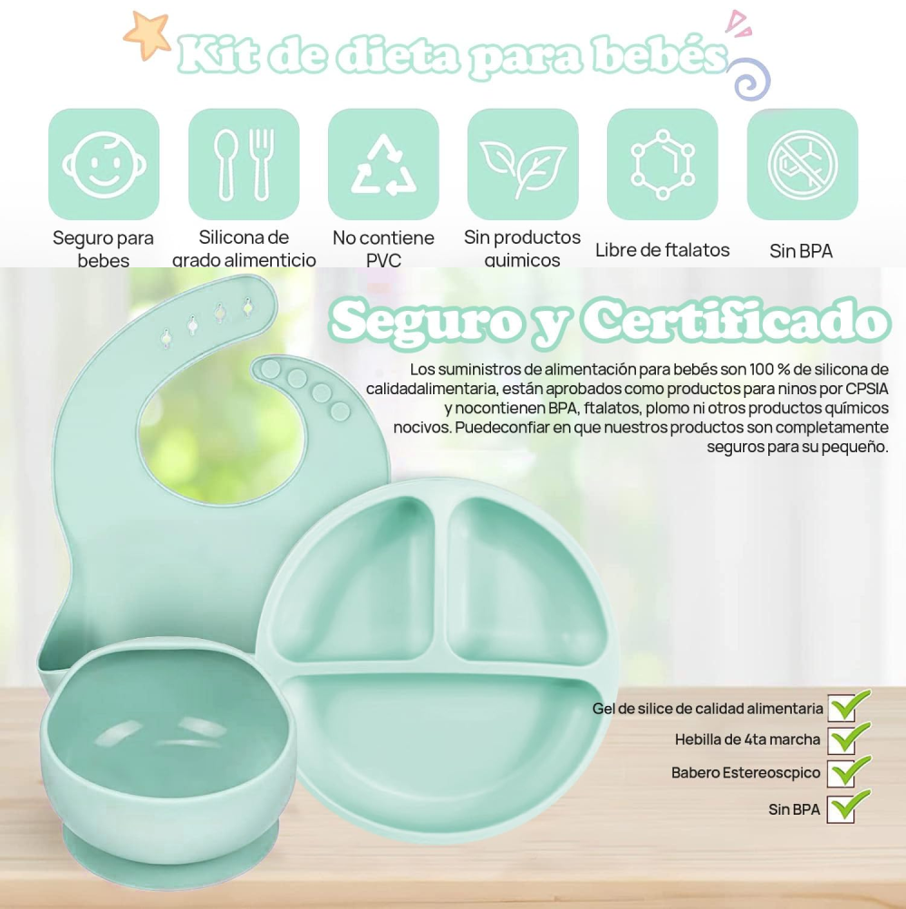 Set Vajilla Para Bebé 5 Piezas Silicona Libre BPA Elegante