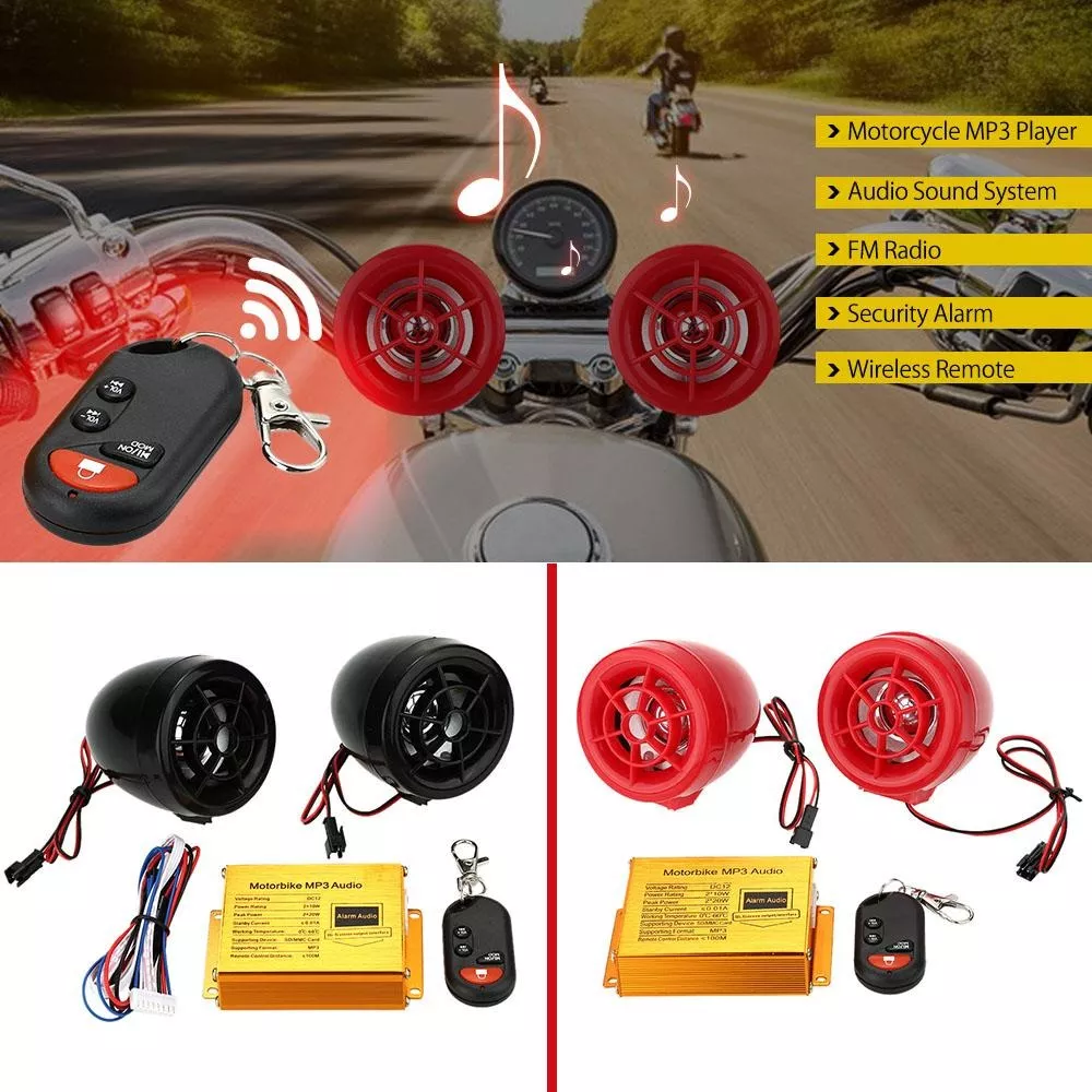 Sistema De Audio Mp3 Y Alarma Para Motocicleta 12v Usb 10w*2