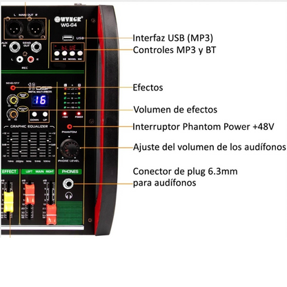 Consola Mixer Wvngr De 4 Canales Phantom Power 48v Bluetooth