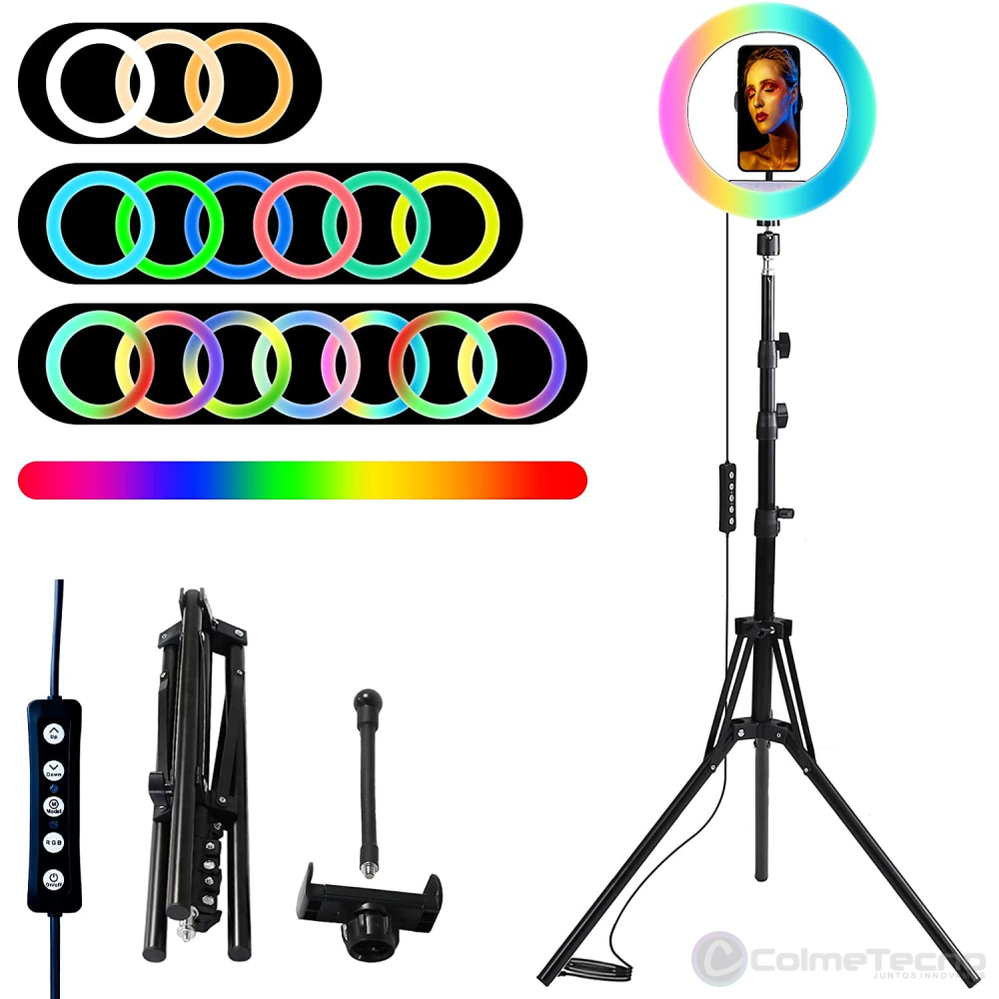 Aro De Luz Led Regulable 26cm RGB Móvil, Cámaras + Trípode