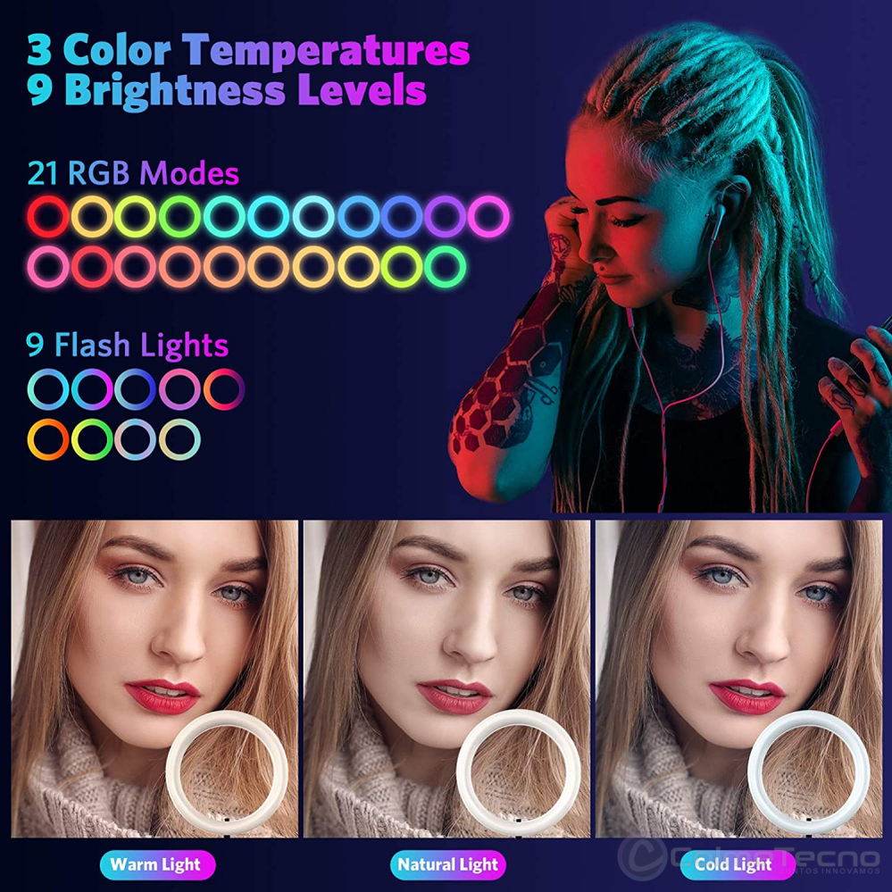Aro De Luz Led Regulable 26cm RGB Móvil, Cámaras + Trípode