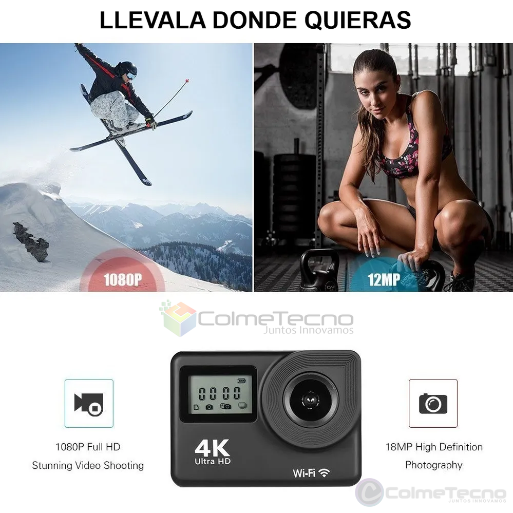 Cámara Deportiva 4K 30FPS con mando remoto, Sumergible, LCD 2, Wifi