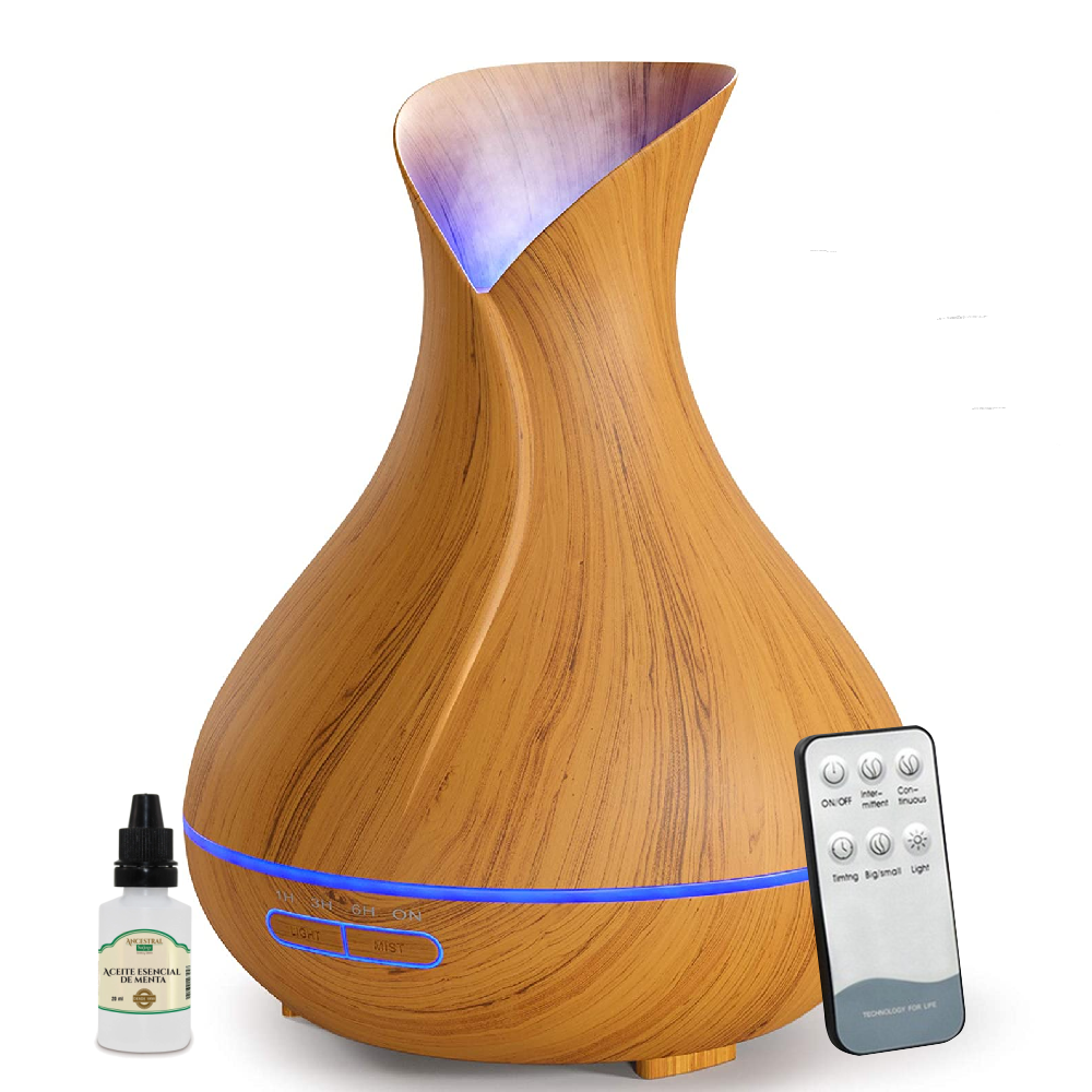 Difusor de aceite esencial de aromaterapia de 130 ml, luces LED de 7  colores, grano de madera para el hogar