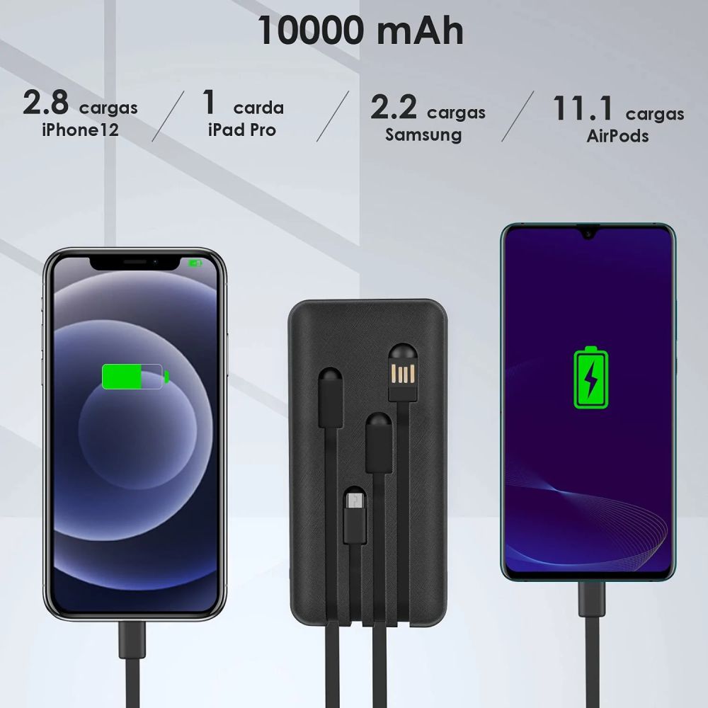 1Hora Power Bank Batería Portátil 10.000mah 4 Cables GAR148