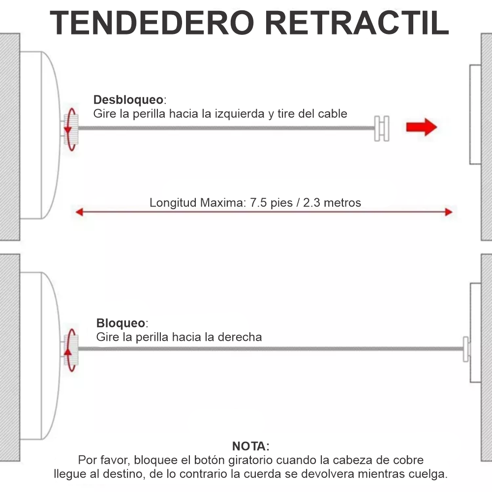Tendedero De Ropa Retractil 2.5 Metros Acero Cuerda En Nylon