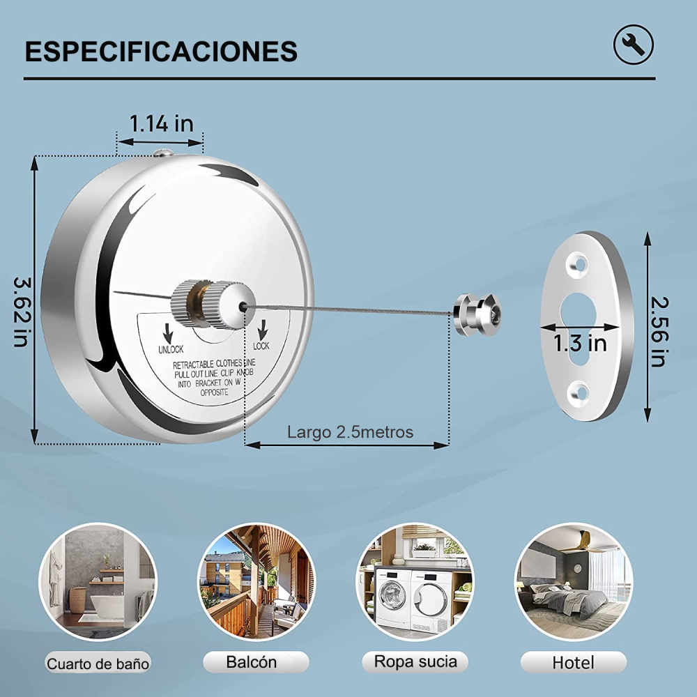 Tendedero De Ropa Retractil 2.5 Metros Acero Cuerda En Nylon
